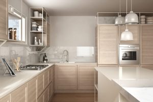 Modern white kitchen with wooden details and parquet floor, modern pendant lamps, minimalistic interior design concept idea, island with stools and accessories