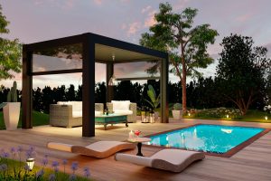 3D illustration of luxury outdoor garden with teak wooden deck and black pergola. Sofas and deck chairs next to the swimming pool at sunset.
