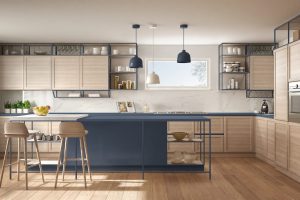 Modern white and blue kitchen with wooden details and parquet floor, modern pendant lamps, minimalistic interior design concept idea, island with stools and accessories